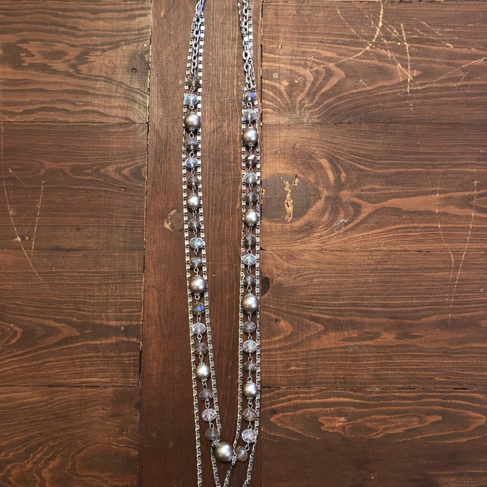 Long silver beaded necklace